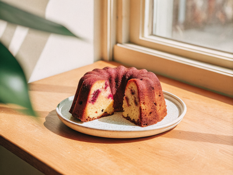 Stück Russischer Zupfkuchen mit dunklem Kakaoteig und heller Quarkfüllung auf einem Kuchenteller