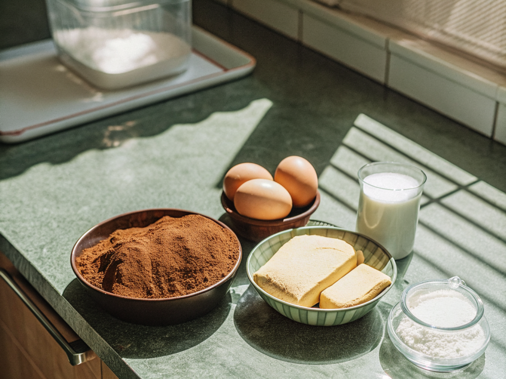 Zutaten für Russischen Zupfkuchen mit Mehl, Kakao, Butter, Quark, Eiern und Vanille