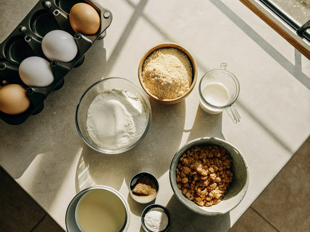 Saftiger Apfelkuchen mit Haselnussboden und Sahne 2 Geriebene Äpfel und weitere Zutaten für Apfelkuchen auf einer hellen Arbeitsfläche