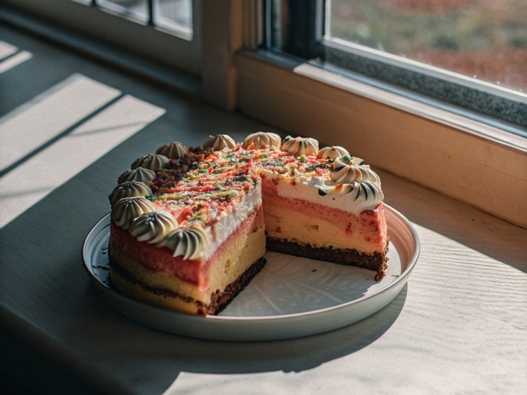 Angeschnittener Regenbogen-Käsekuchen mit Vanillesahne und bunten Streuseln