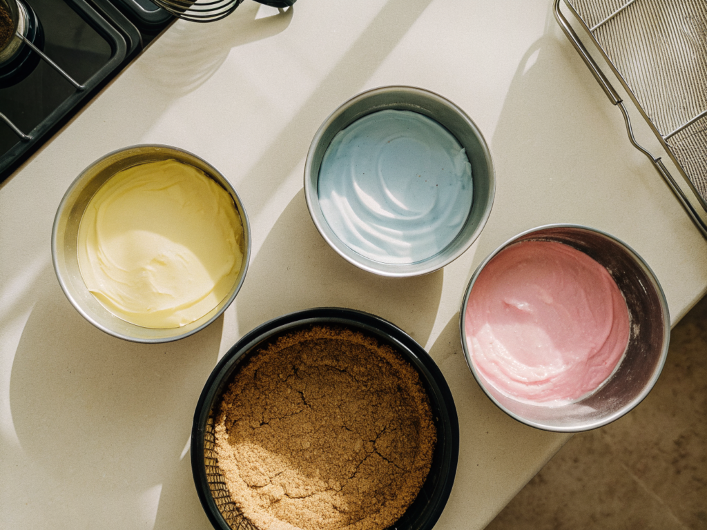 Regenbogen-Käsekuchen mit Frischkäse 2 Drei Schüsseln mit gelber, blauer und pinker Käsekuchenmasse neben dem Keksboden