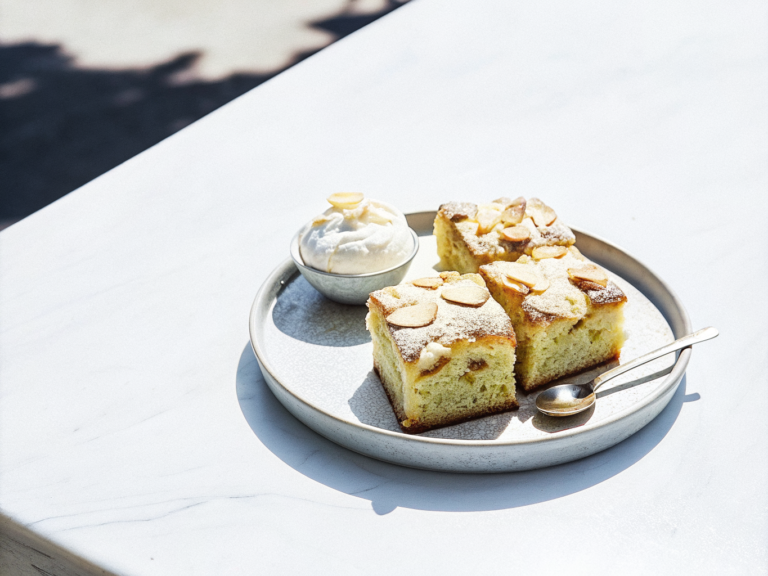 Stücke Apfel-Blechkuchen mit gehobelten Mandeln und Sahne auf einem Teller