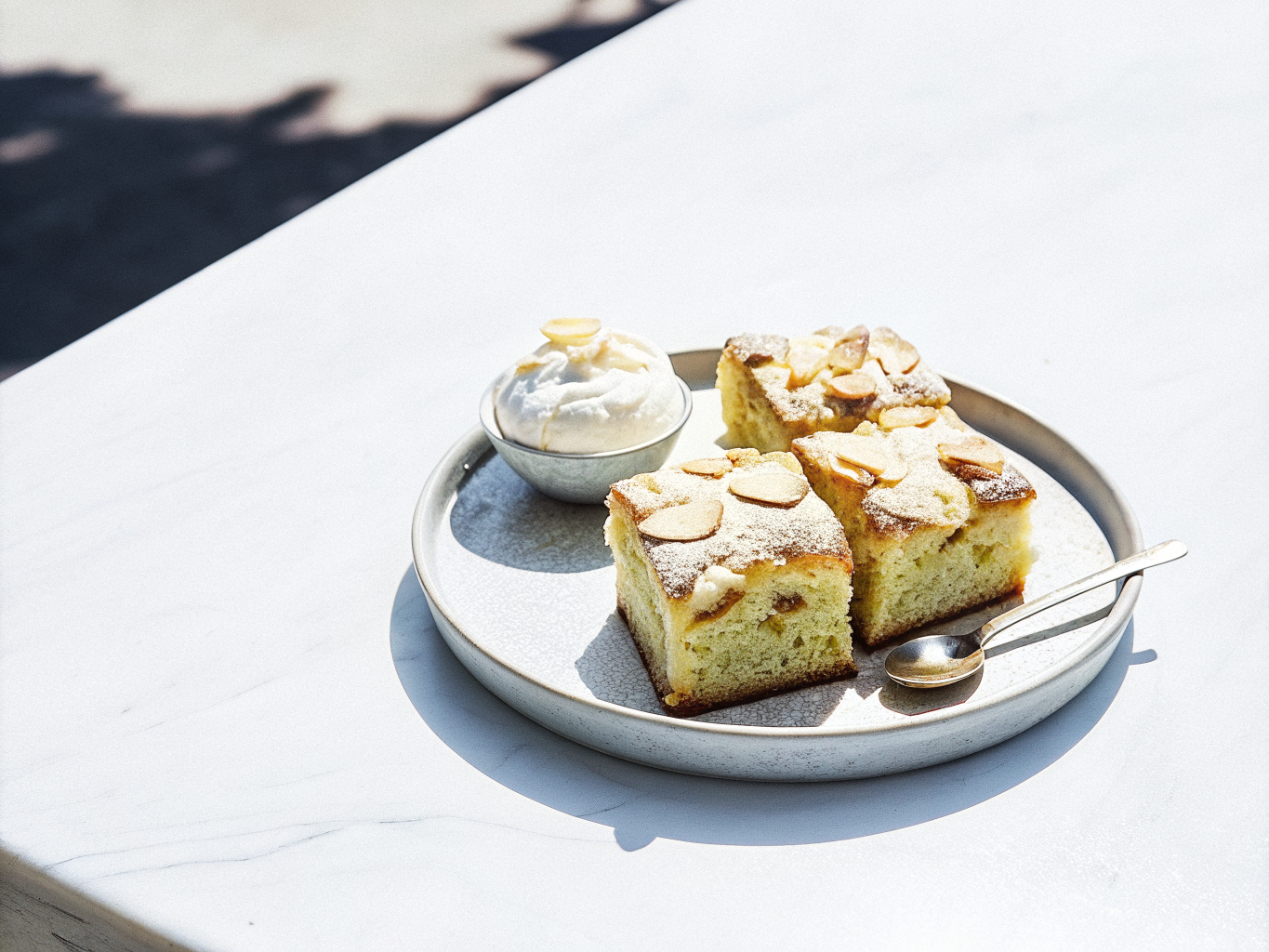 Saftiger Apfel-Blechkuchen mit Mandeln 1 Stücke Apfel-Blechkuchen mit gehobelten Mandeln und Sahne auf einem Teller