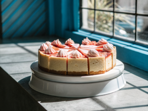 Erdbeer-Käsekuchen mit rosa Erdbeersahne und frischen Erdbeerstücken auf einer weißen Tortenplatte