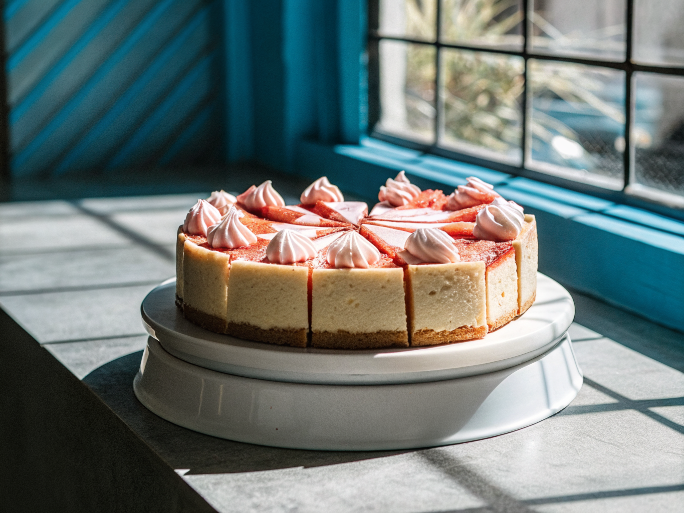 Erdbeer-Käsekuchen mit frischer Erdbeersahne 1 Erdbeer-Käsekuchen mit rosa Erdbeersahne und frischen Erdbeerstücken auf einer weißen Tortenplatte