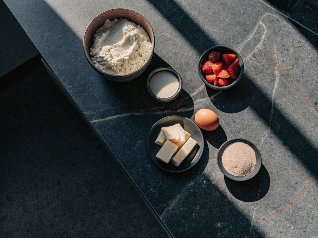 Erdbeer-Käsekuchen mit frischer Erdbeersahne 2 Zutaten für Erdbeer-Käsekuchen und Erdbeersahne auf einer hellen Arbeitsfläche