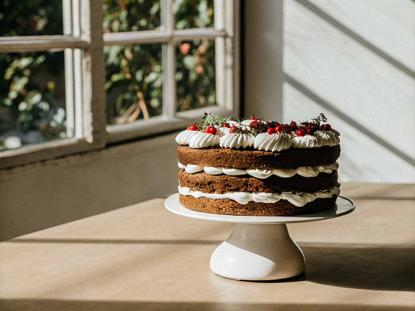 Fürst-Pückler-Torte mit Erdbeercreme 1 Fürst-Pückler-Torte mit zwei Cremeschichten, Sahnetupfen und schokolierten Beeren