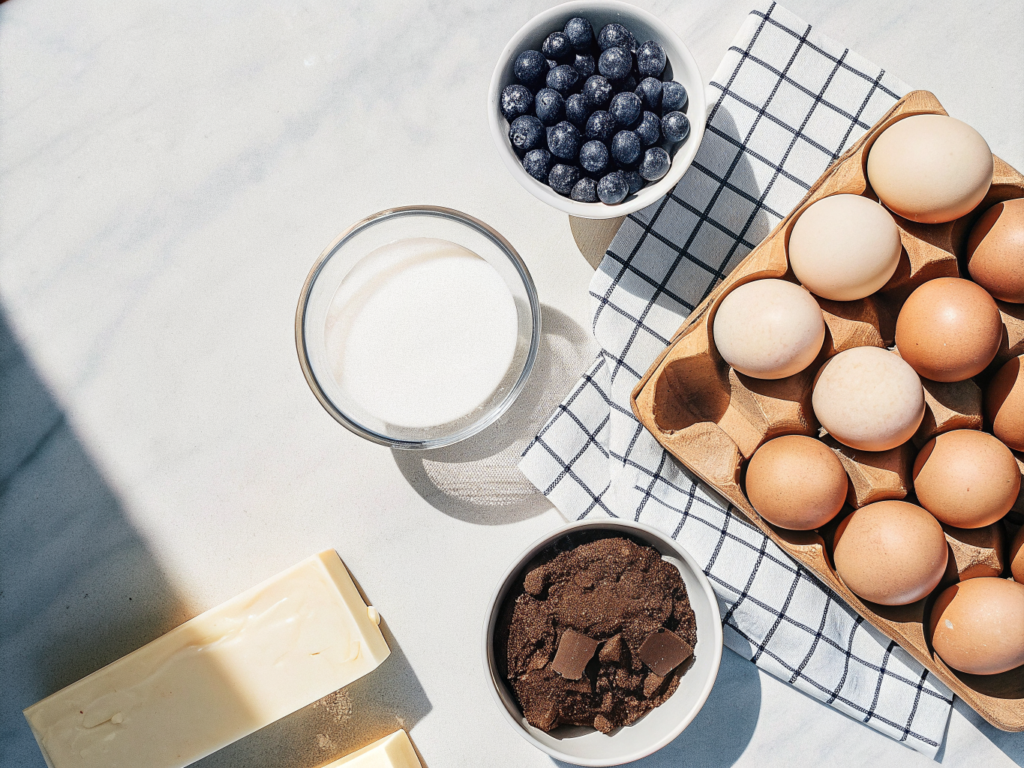Zutaten für eine Mirror-Glaze-Torte mit weißer Schokolade, Beeren, Sahne und Lebensmittelfarbe