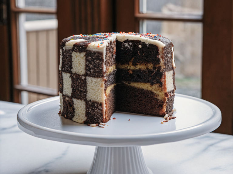 Angeschnittene Schachbrett-Torte mit hellen und dunklen Biskuitringen, Buttercreme und weißer Glasur