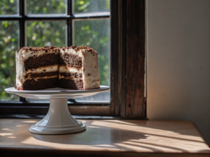 Brownie-Tiramisu-Torte mit Kakaopuder und sichtbaren Schichten auf einer Tortenplatte