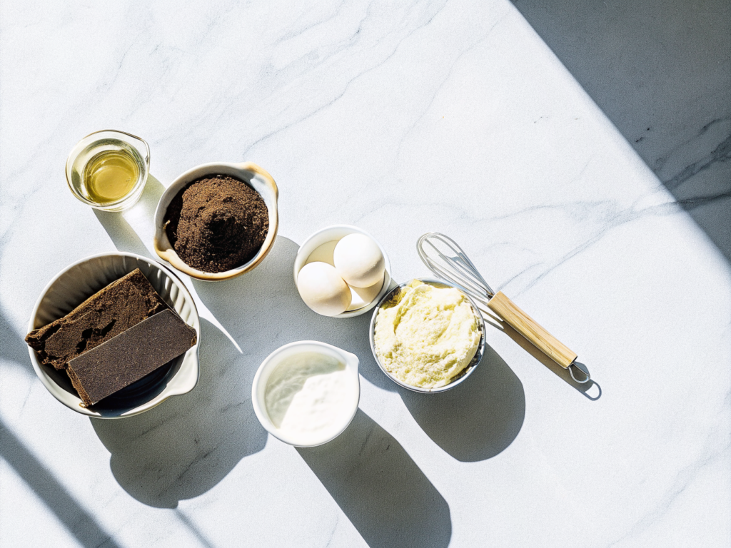 Zutaten für eine Brownie-Tiramisu-Torte auf einer hellen Arbeitsfläche
