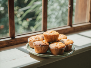 Mehlfreie Kochbananen-Kokos-Muffins mit leicht gebräunter Oberfläche auf einem Keramikteller