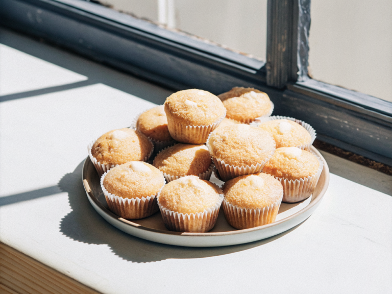 Vanillemuffins, teils mit Glasur und Süßigkeiten dekoriert, auf einem Teller