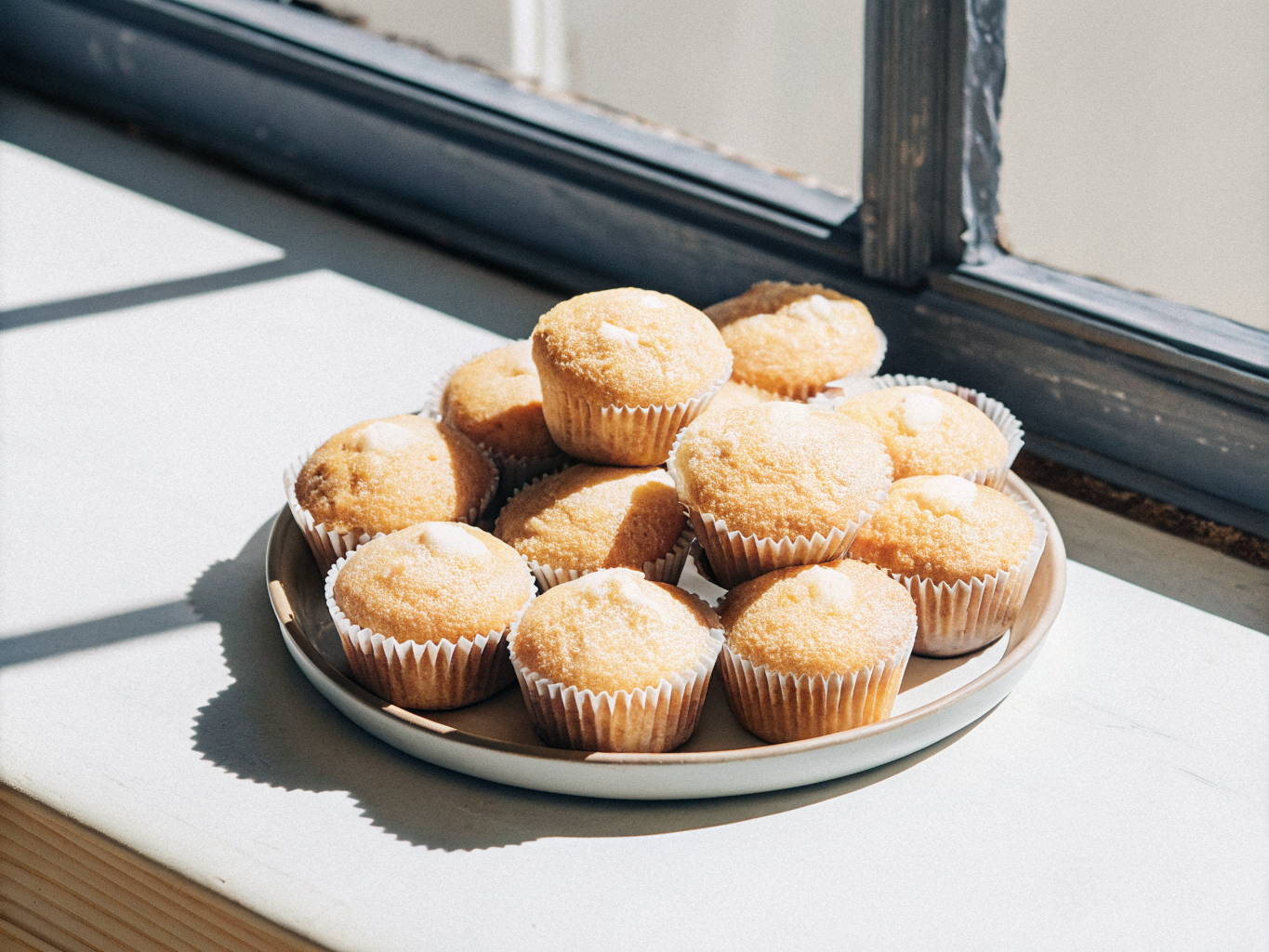 Einfache Vanillemuffins aus Rührteig 1 Vanillemuffins, teils mit Glasur und Süßigkeiten dekoriert, auf einem Teller