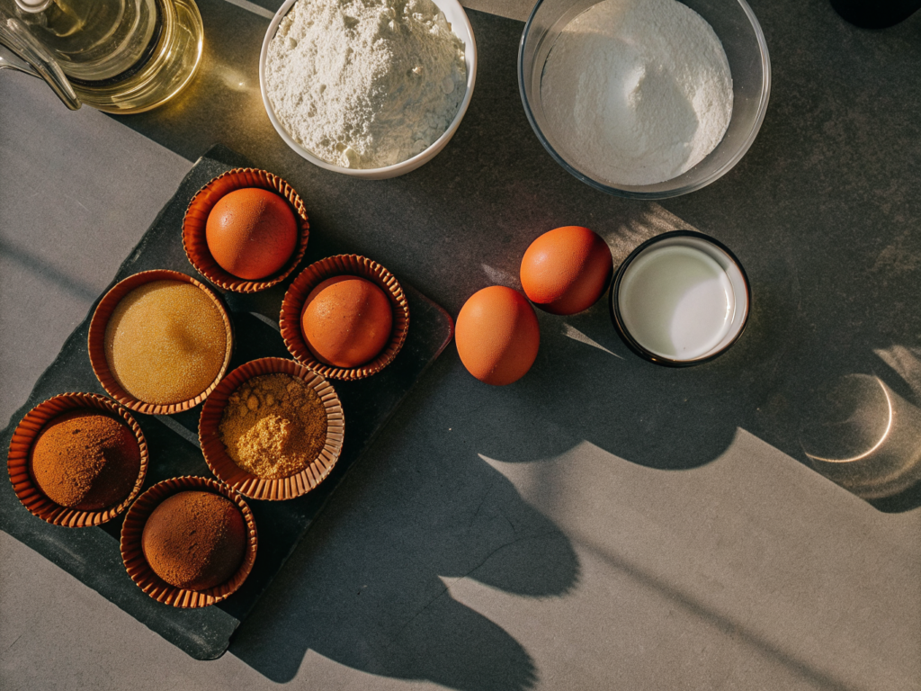 Einfache Vanillemuffins aus Rührteig 2 Zutaten für Vanillemuffins mit Eiern, Mehl, Zucker, Milch und Papierförmchen