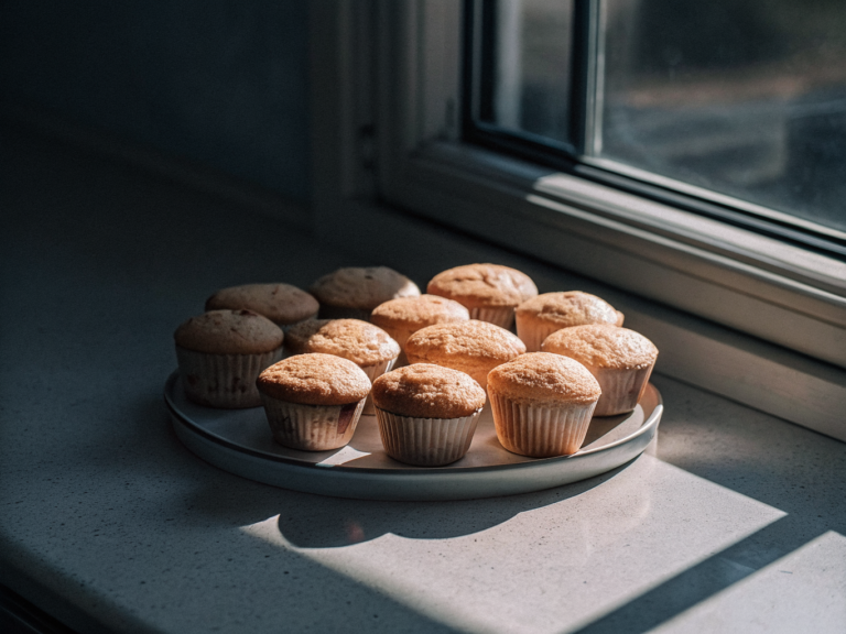 Goldgelbe helle Muffins auf einem schlichten Keramikteller