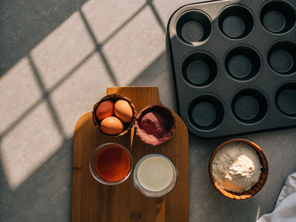Einfaches Muffin-Grundrezept mit hellem Rührteig 2 Zutaten für Muffins neben einem gefetteten Muffinblech