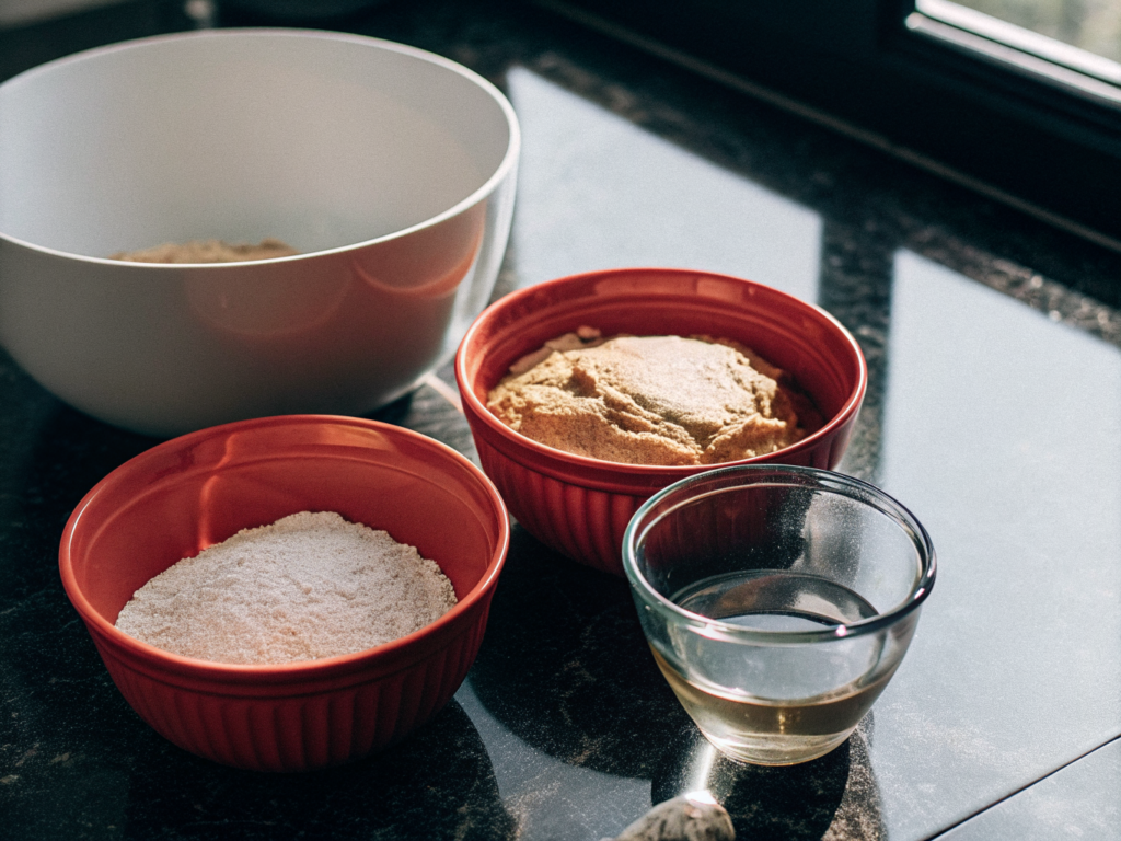 Roggenmehl, Honig, Wasser und eine Schüssel mit Keksteig auf der Arbeitsfläche