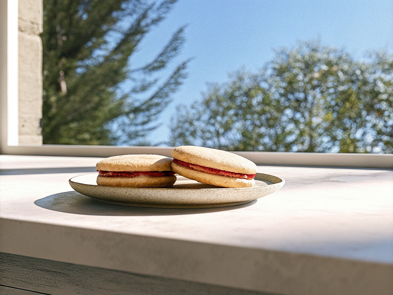 Jam-Jam-Kekse mit dunklem, würzigem Teig und sichtbarer Marmeladenfüllung auf einem Teller
