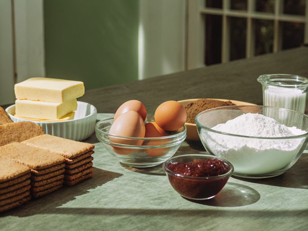 Zutaten für Jam-Jam-Kekse mit Butter, Melasse, Mehl und Marmelade auf einer Arbeitsfläche