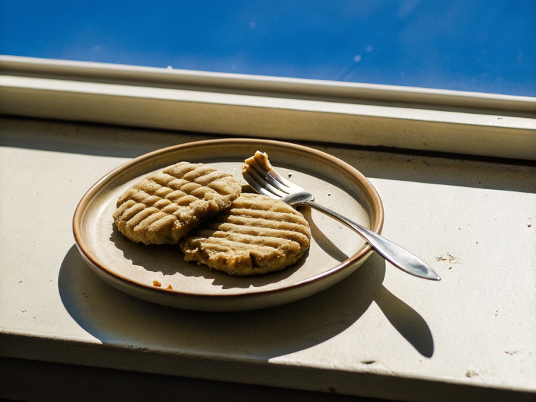 Goldbraune Erdnussbutter-Kekse mit Gabelmuster auf einem schlichten Teller