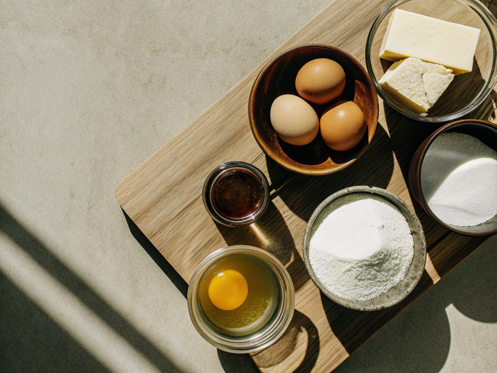 Zutaten für Rogaliki mit Butter, Frischkäse, Mehl, Eigelb und Konfitüre auf der Arbeitsfläche