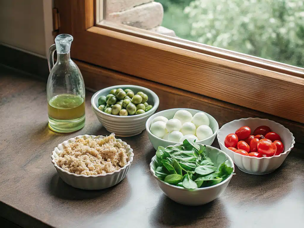 Zutaten für Nudelsalat mit Farfalle, Tomaten, Oliven, Mozzarella, Thunfisch und Basilikum