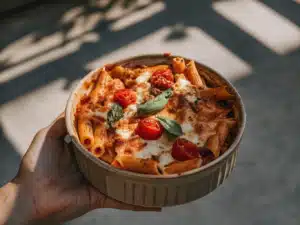Cremiger Rigatoni-Auflauf mit Cherrytomaten, geschmolzenem Mozzarella und frischem Basilikum