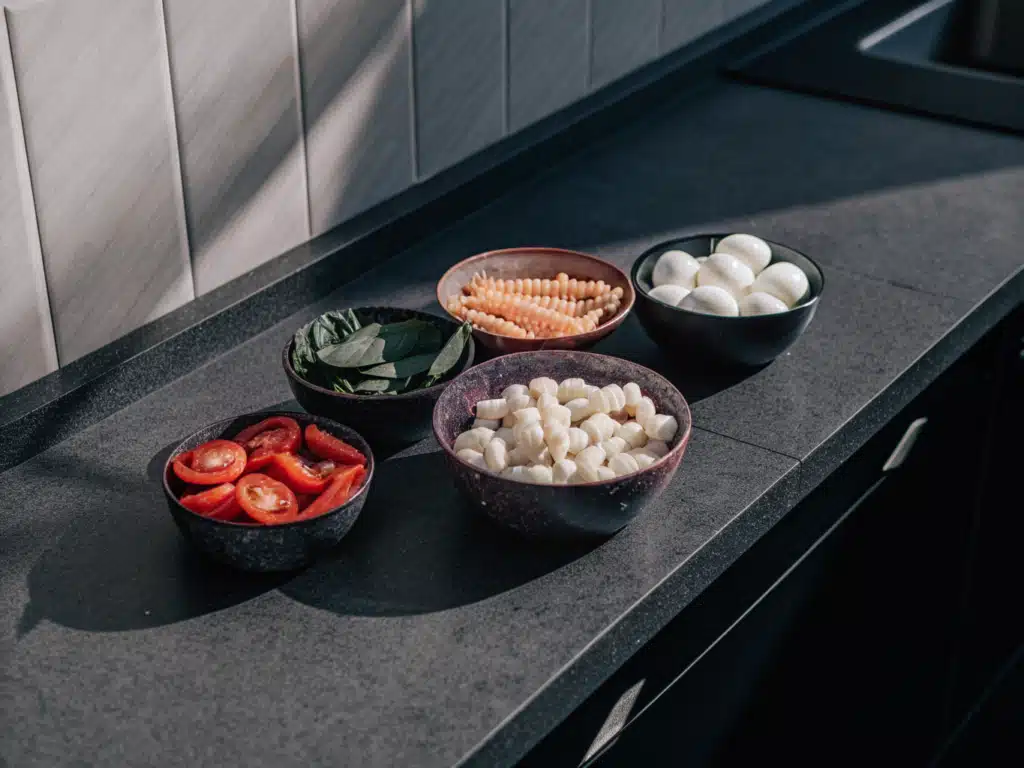 Zutaten für einen Nudelauflauf mit Tomaten und Mozzarella auf einer Arbeitsfläche