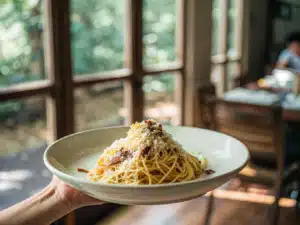 Spaghetti Carbonara mit Pancetta, geriebenem Käse und schwarzem Pfeffer auf einem weißen Teller