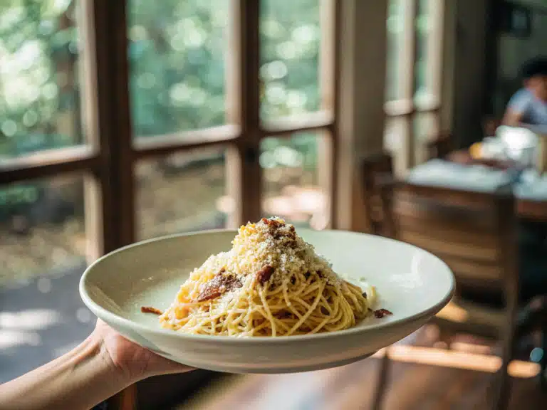 Spaghetti Carbonara mit Pancetta, geriebenem Käse und schwarzem Pfeffer auf einem weißen Teller