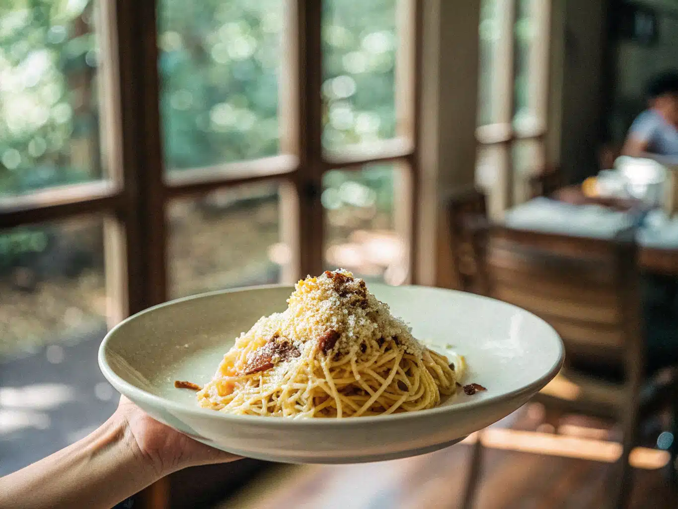 Spaghetti Carbonara mit Pancetta, geriebenem Käse und schwarzem Pfeffer auf einem weißen Teller