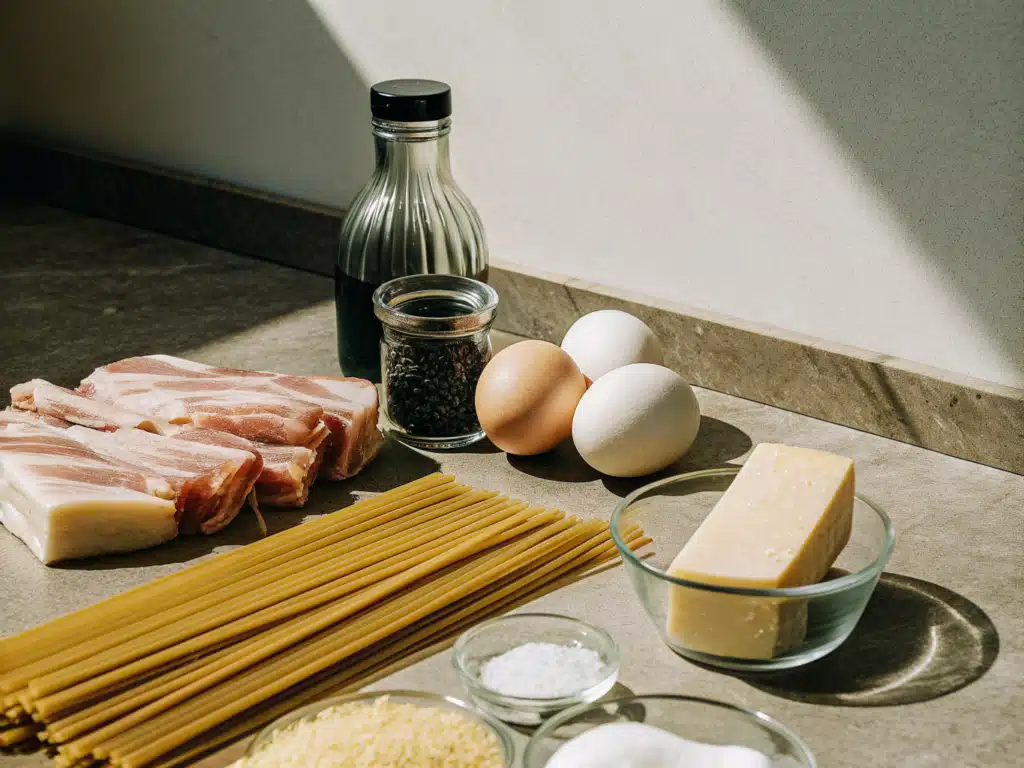 Zutaten für Carbonara mit Spaghetti, Pancetta, Eiern, Parmesan, Pecorino und Pfeffer