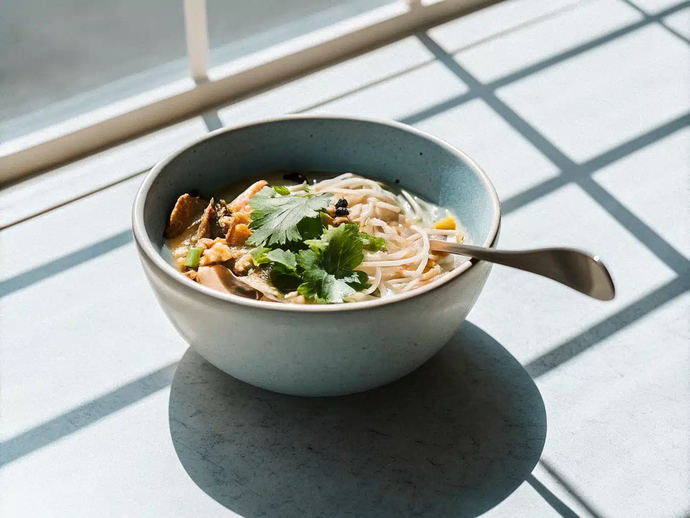 Schale Reisnudelsuppe mit Lachs, Shiitake, Mais und frischem Koriander