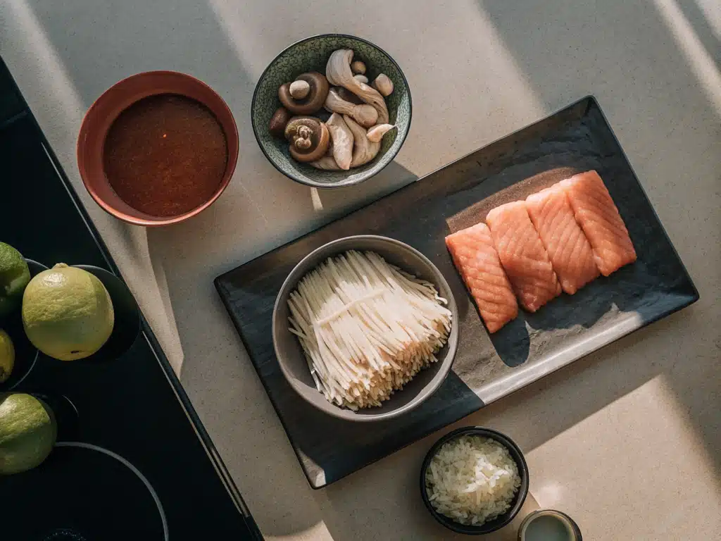 Zutaten für Reisnudelsuppe mit Lachs auf einer Küchenarbeitsfläche