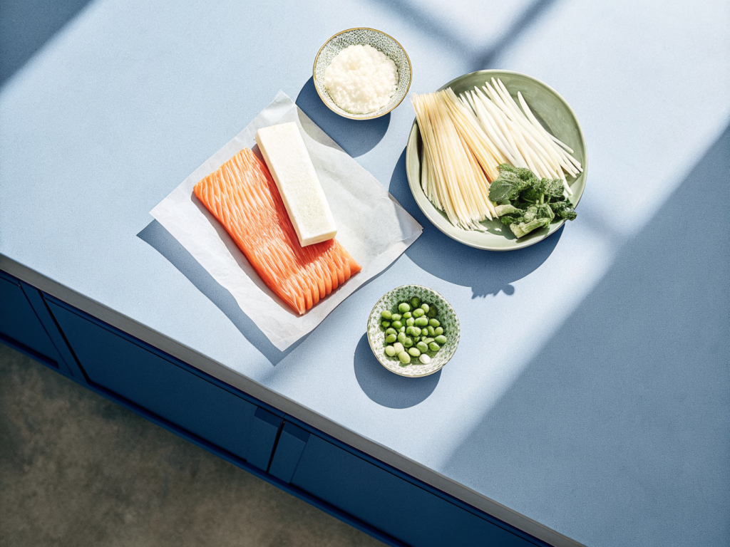 Lachs-Nudel-Päckchen mit Limette und Kräutern 2 Zutaten für Lachs-Nudel-Päckchen mit Reisnudeln, Lachs, Gemüse, Kräutern und Limette auf der Arbeitsfläche