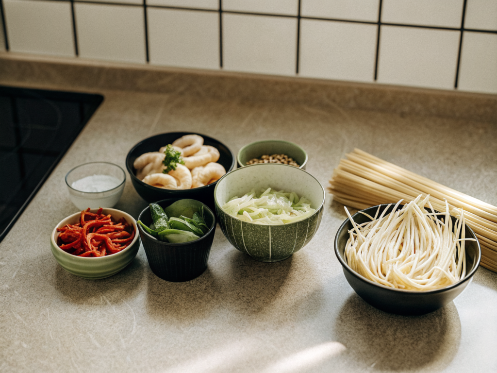 Zutaten für Currynudelsuppe mit Udon, Garnelen, Gemüse, Kokosmilch und Kräutern auf der Arbeitsfläche