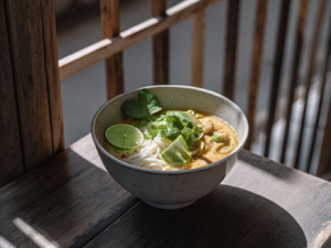 Schale mit Reisnudeln und Riesengarnelen in cremiger Kokos-Curry-Brühe, garniert mit Koriander und Limette