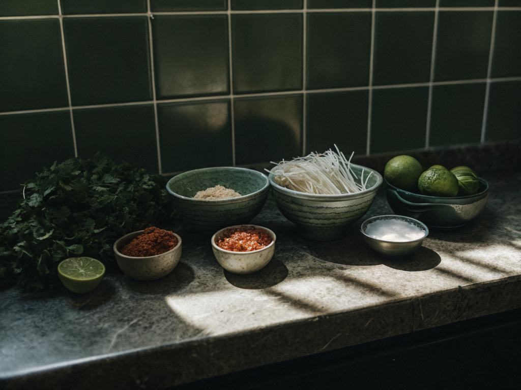 Zutaten für Laksa-Nudelsuppe mit Reisnudeln, Garnelen, Kokosmilch, Currypaste, Chili und Limetten