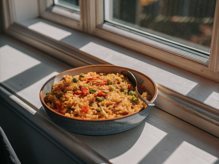 Cremige Reis-Gemüse-Pfanne mit Erbsen, Möhren und Paprika in einer flachen Schale