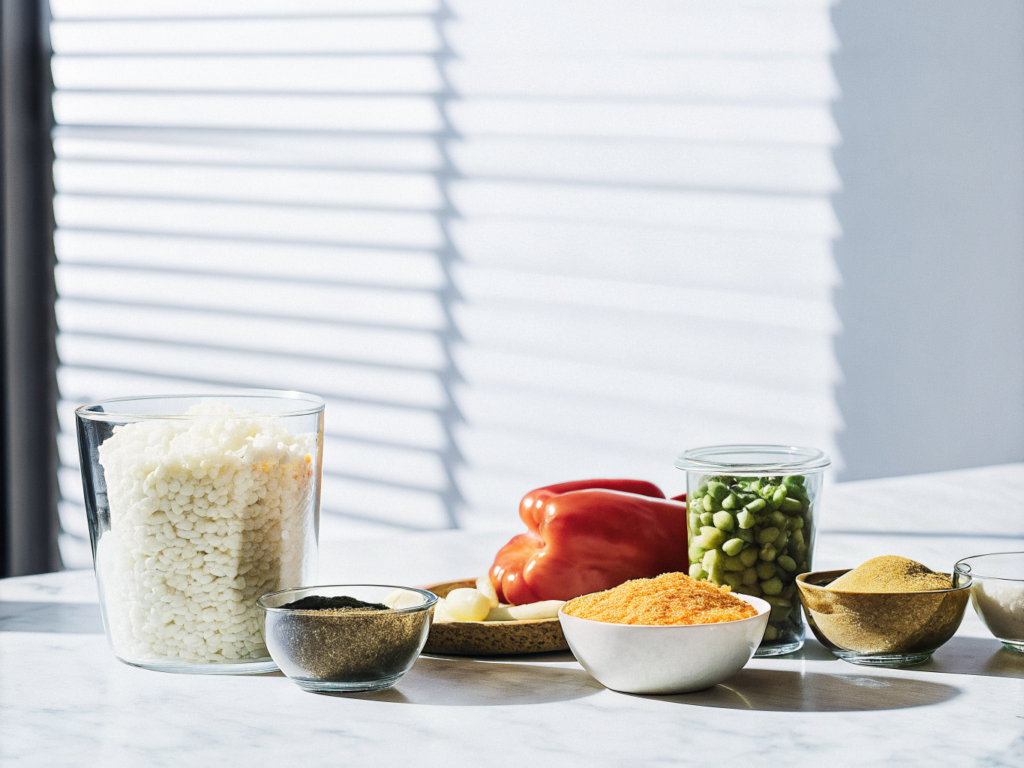 Reis-Gemüse-Pfanne mit Frischkäse und Curry 2 Zutaten für eine Reis-Gemüse-Pfanne mit Reis, Gemüse, Frischkäse und Gewürzen