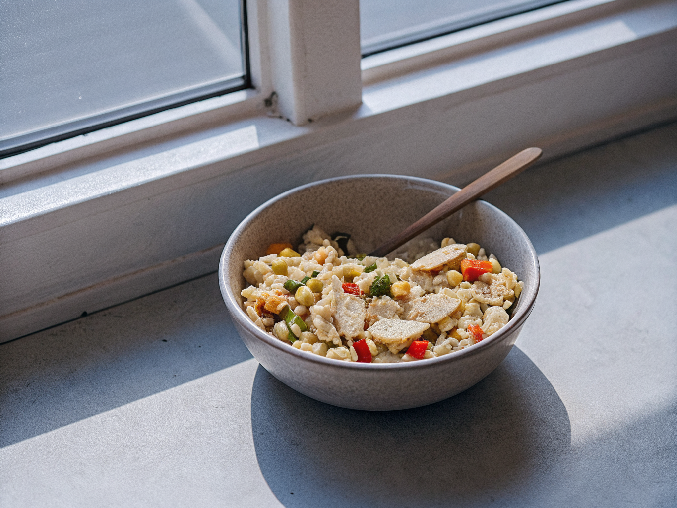 Gebratener Reis mit Hähnchen, Ei und Gemüse 1 Gebratener Reis mit Hähnchen, Rührei, Erbsen, Möhren, Paprika und Champignons in einer Schale