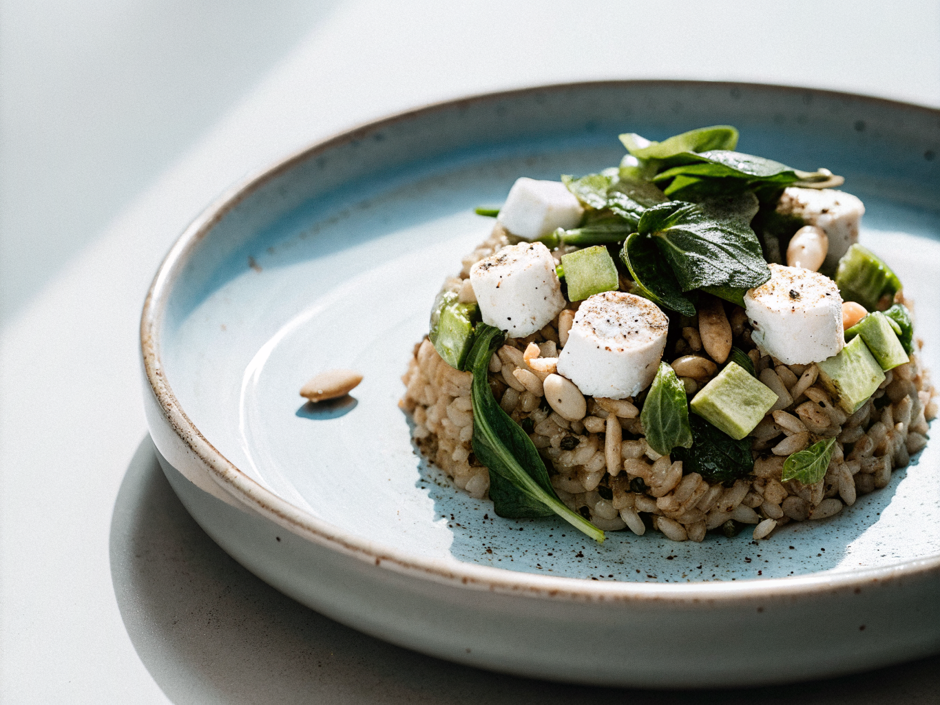 Reissalat mit Mozzarella, Avocado, Blattsalat, Kräutern und gerösteten Pinienkernen auf einem Teller
