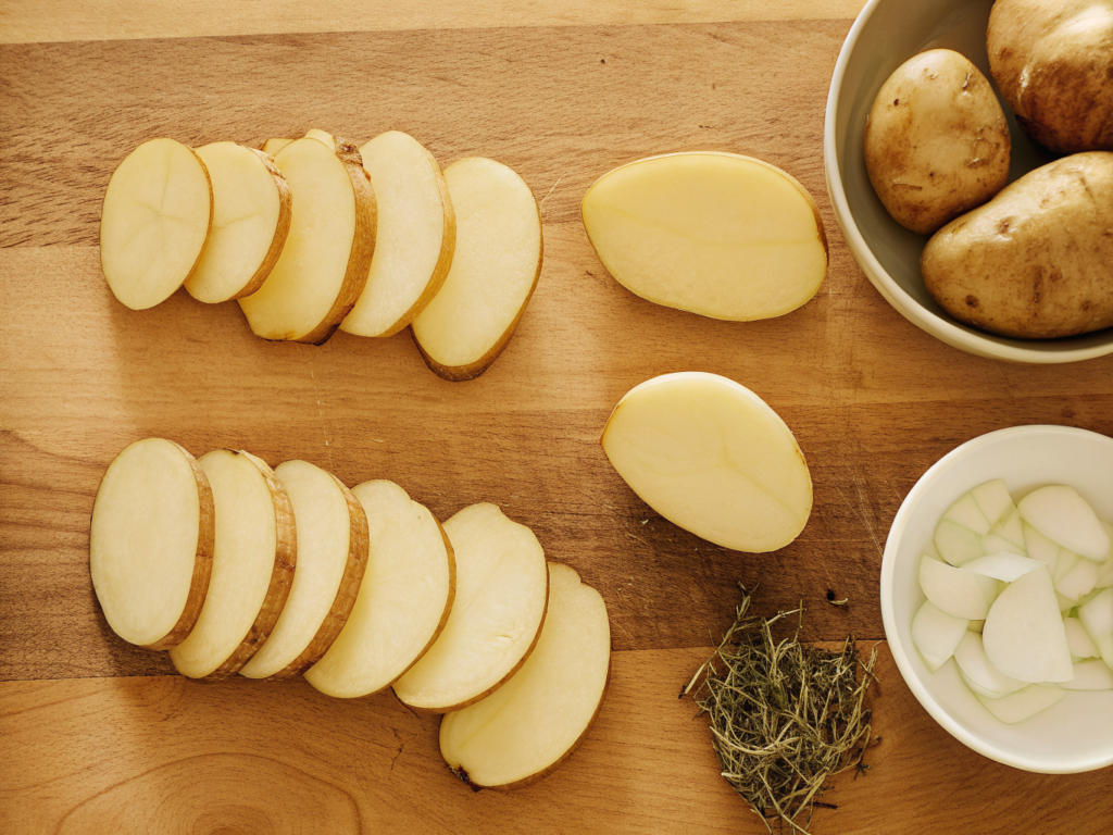 Kartoffelscheiben, Zwiebeln, Thymian und Gemüsebrühe auf einer Arbeitsfläche