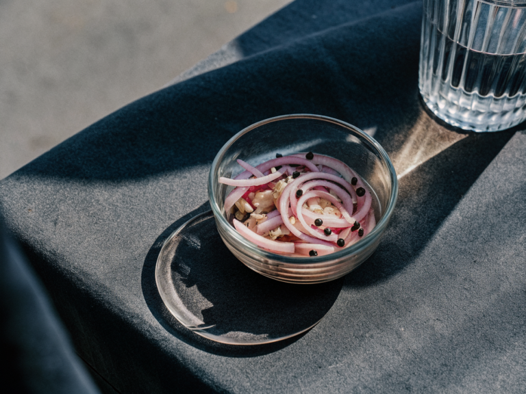 Eingelegte rote Zwiebeln mit Dill und Gewürzen in einer Glasschale