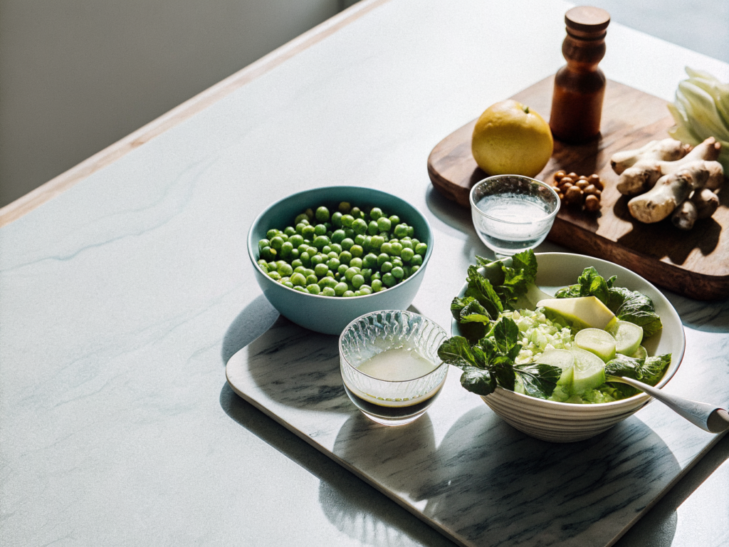 Kalte Erbsensuppe mit Chicorée-Apfel-Salat 2 Erbsen, Zitrone, Ingwer, Minze, Chicorée, Apfel und Mandeln auf einer Arbeitsfläche
