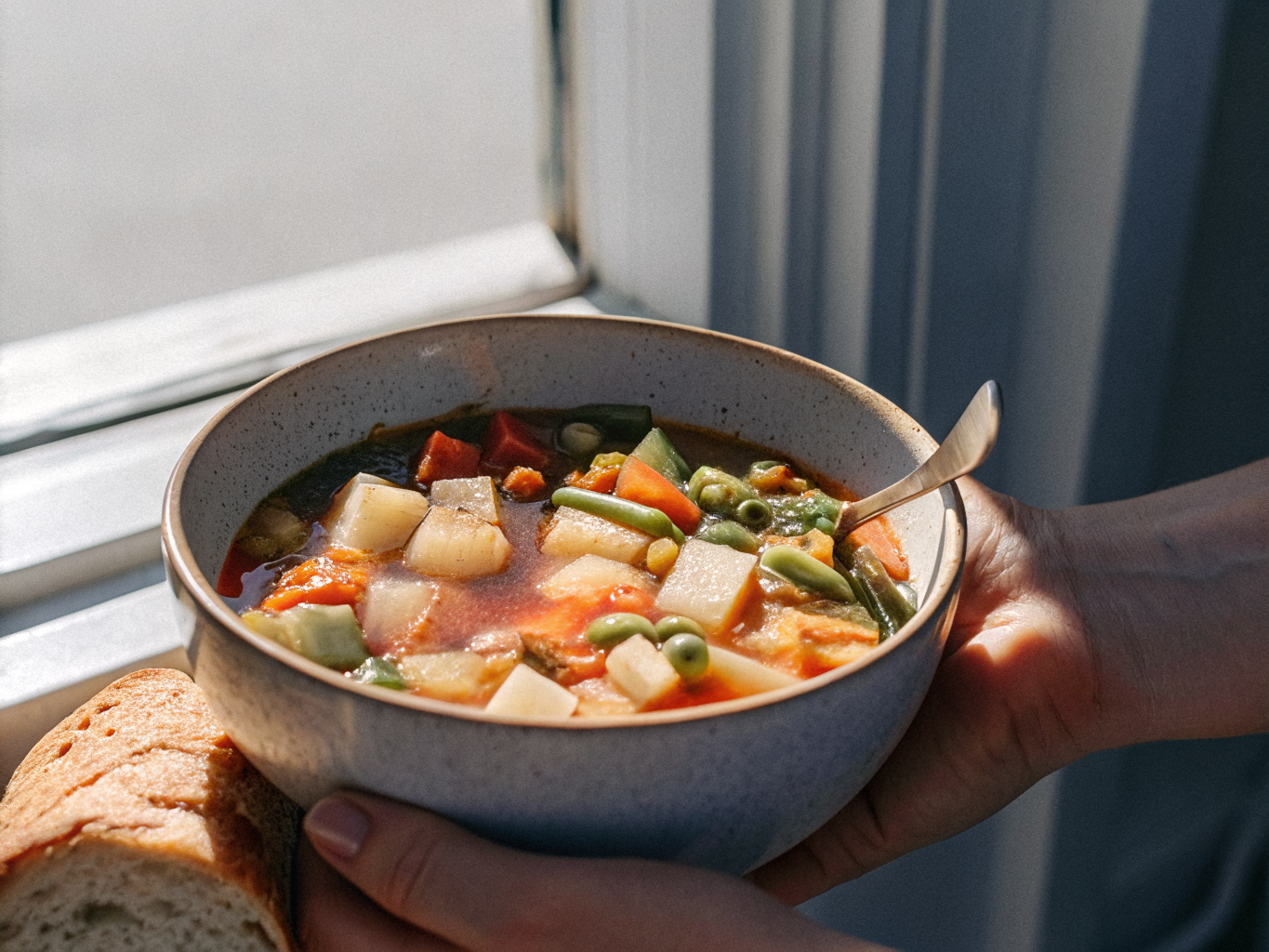 Bunte Gemüsesuppe mit Kartoffeln, Bohnen, Karotten und Erbsen in einer Schale