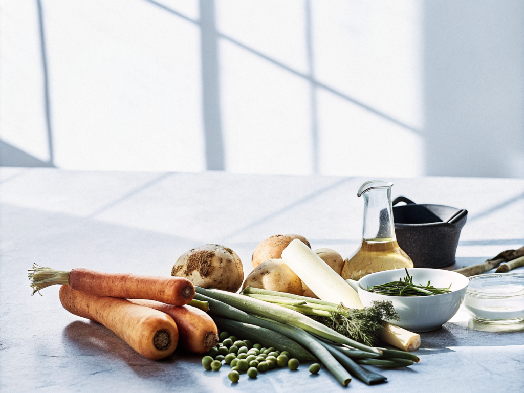 Zutaten für Gemüsesuppe mit Kartoffeln, Lauch, Bohnen und frischen Gemüsesorten